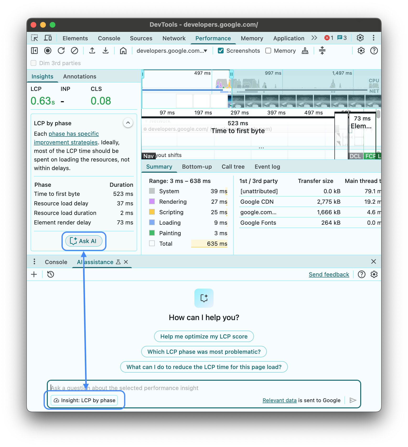 The LCP performance insight as conversation context for AI Assistance.